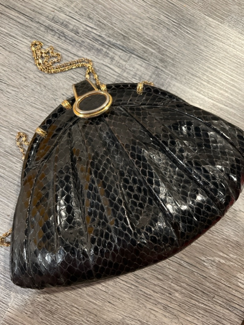 Vintage Black Snakeskin Clutch | Gold Chain Strap | 1980s Glam - Picture 4 of 13